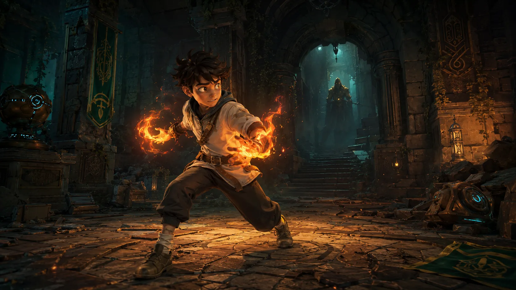 Cohi canalizando fuego en el interior del sub-dungeon